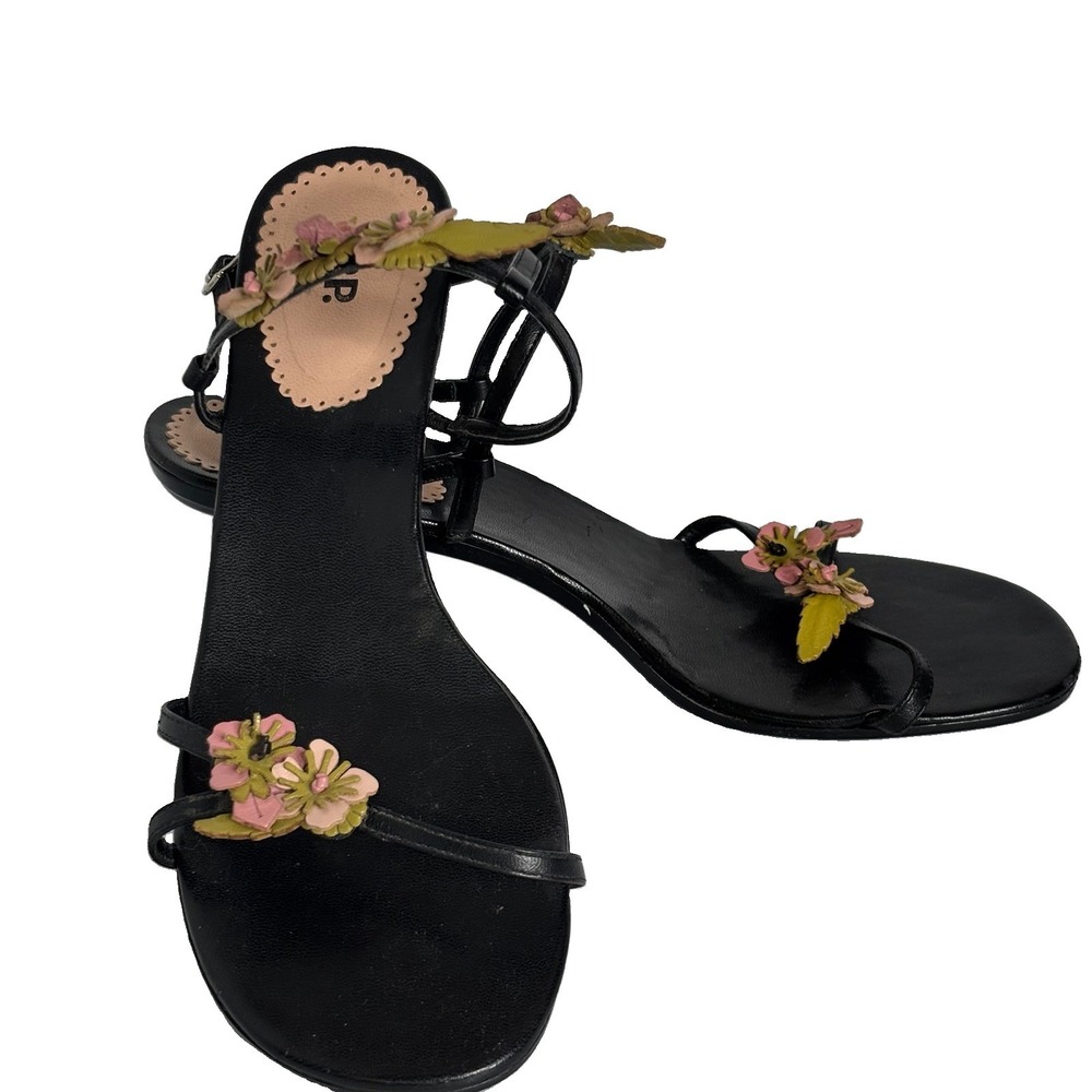 Vtg BP Brass Plum Nordstrom Sweet Pea Sandals 9 Black Pink Floral HoCo Prom